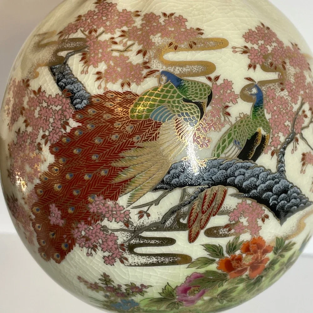 Japanese Satsuma Peacock Crackle Glaze Money Bag‎ Vase Red Tassel Gold Moriage